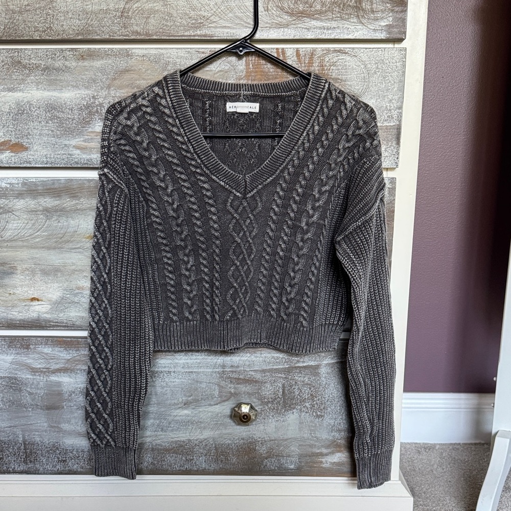 Aero Gray Cable Knit Cropped Sweater